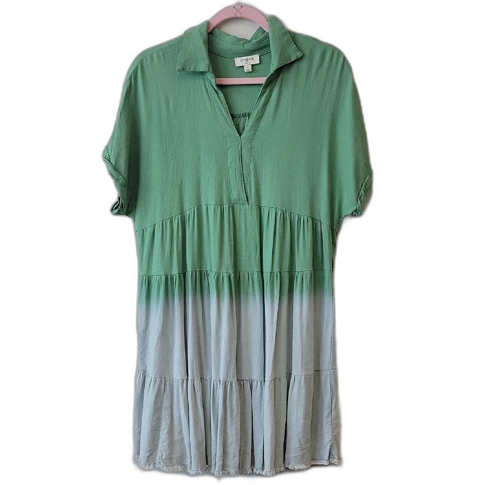 Umgee Linen Blend Tiered Midi Dress Sage Green Ombre Short Sleeve Boho Size S